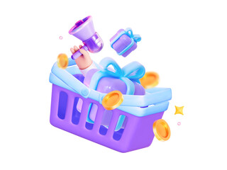 3D hand hold megaphone for the announcement of the sale. A gift in a basket with gold flying coins. For announcing big holiday discounts, flash sales concept. 