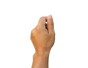 Male hand making a gesture of holding a card or business card. Some types of documents ID card Or a passport, coin, or something. Isolated on a white background.