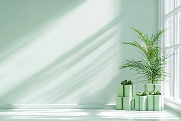 Stacked green presents and gifts in the form of a festive Christmas tree