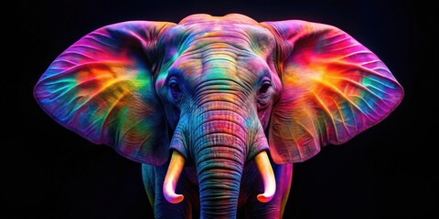 Close up neon elephant on black background in vibrant colors for design projects