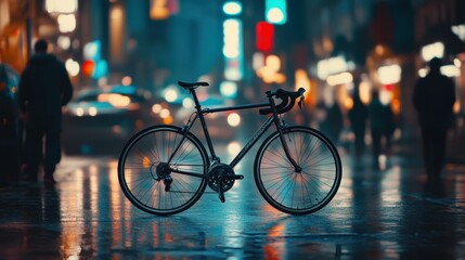 A bicycle remains upright on a wet city street, illuminated by colorful lights in the evening. Passersby hurry past, creating a lively urban atmosphere