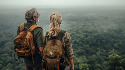 Senior couple overlooking forest landscape. Active retirement adventure