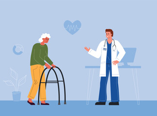 An elderly disabled woman with a walker consults a doctor. The concept of caring for the health of pensioners.