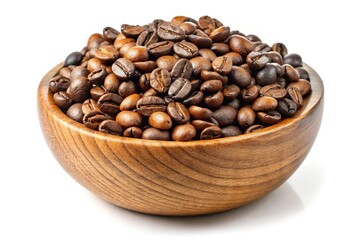 Panoramic view of coffee beans in wooden bowl on white background