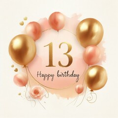 Colorful birthday design with gold and peach balloons celebrating a 13th birthday.