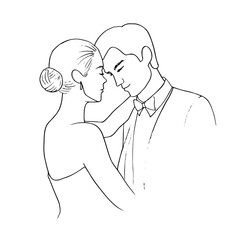 man and woman in love standing hugging with eyes closed - hand drawn outline sketch