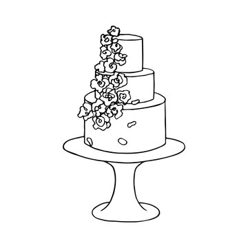 recommend clip art: Triple layer wedding cake decorated with flowers on a high stand - hand drawn outline sketch