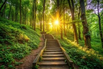 Panoramic view of forest path at sunrise with stairs leading towards summer sun