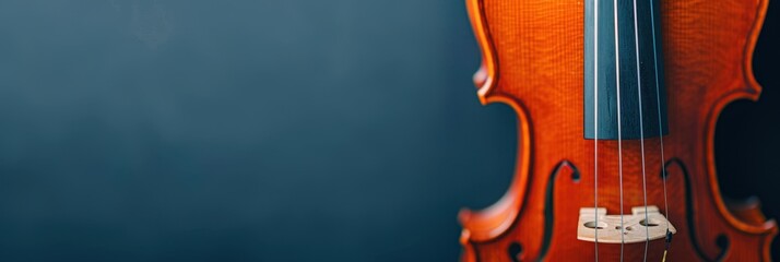Close-up view of a violin's body and strings against a dark background, highlighting the craftsmanship and elegance of the instrument.
