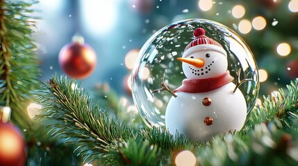 On a Christmas tree, hanging on the branches, are Christmas ornaments. Christmas poster and banner. Merry Christmas and a Happy New Year.