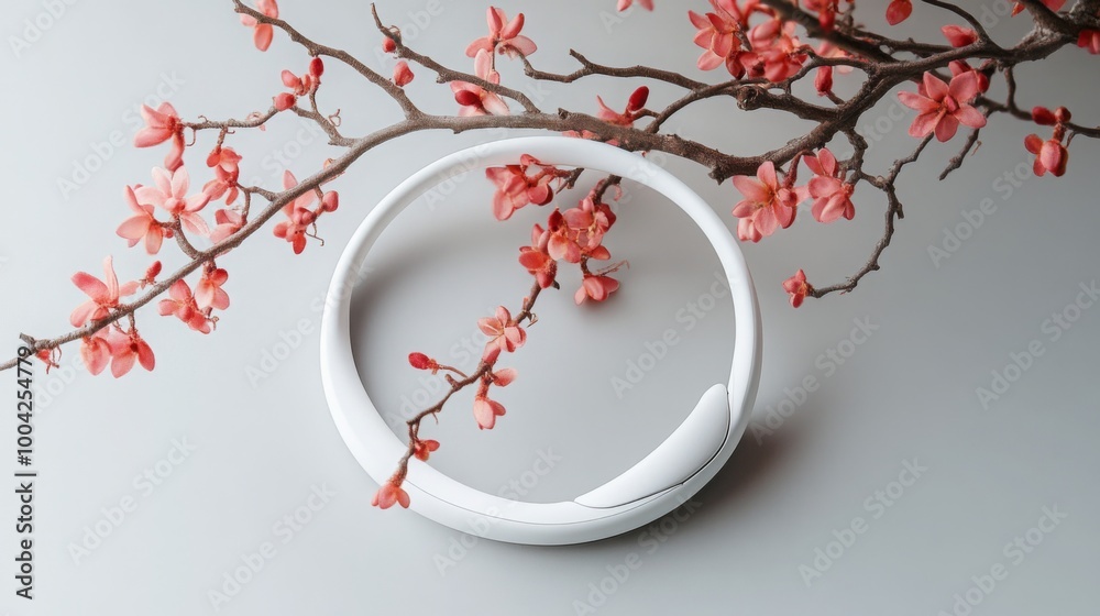 Aufkleber a white circular object lies on a plain, light gray surface, with a branch of delicate, pink blossom