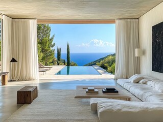 A large open living room with a pool and a view of the ocean © Bouchra