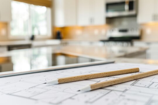 Close-up of architectural plans with pencils on a kitchen counter, showcasing home design and renovation planning in progress.