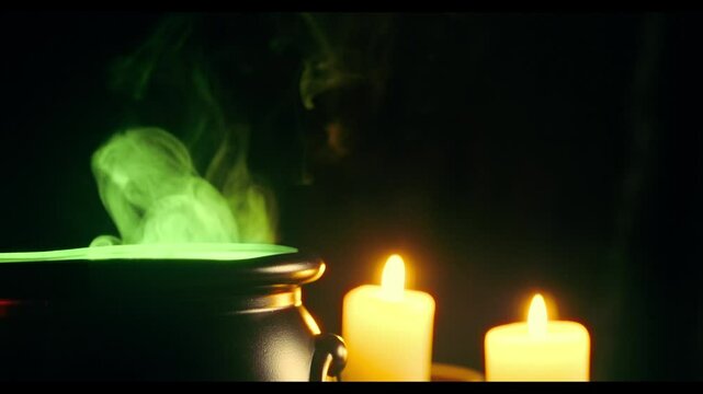 Halloween cauldron scene green glowing steam with candles