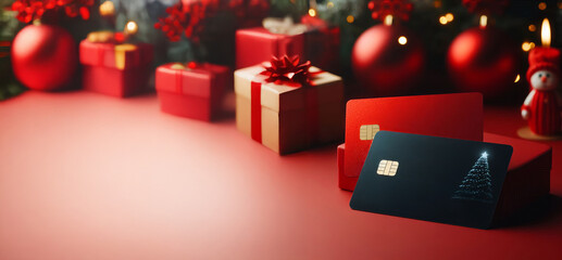 Two empty credit cards with visible chips, Festive background with a soft focus Christmas tree. Holiday finance concept and holiday shopping