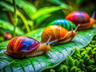 Colorful slugs crawling on a vibrant green leaf in a lush forest setting during a sunny day
