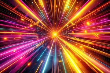 Colorful Spectrum Abstract Background with Bright Pink and Yellow Neon Rays and Glowing Lines in 3D