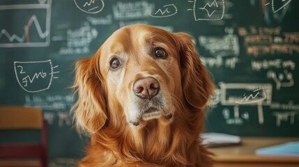 A golden retriever gazes curiously at the viewer while sitting in front of a chalkboard covered in mathematical equations and graphs, suggesting an amusing and educational atmosphere.