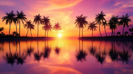 Naklejka premium silhouettes of elegant palm trees against a breathtaking tropical sunset. vibrant oranges and purples paint the sky, reflecting off calm waters. serene and romantic atmosphere.
