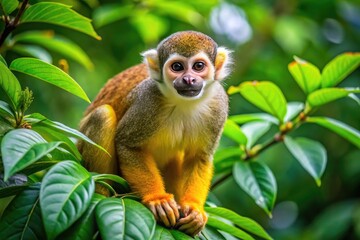 Obraz premium Common squirrel monkey perched on a tree branch surrounded by vibrant green foliage and leaves