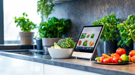 tablette tactile posée sur un comptoir de cuisine moderne, légumes à côté