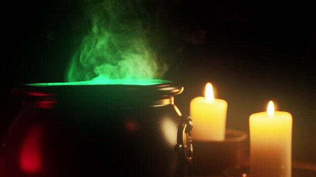 Halloween cauldron scene green glowing steam with candles