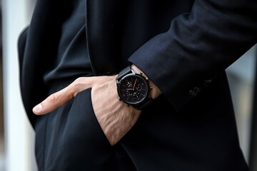 Close up of a Man Wearing a Black suite with decent watch in hand | Business man .generative ai