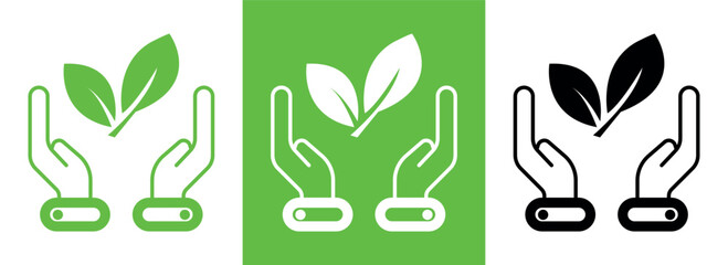 Sustainable Growth icon. Robotic Hands Nurturing Nature. Save energy symbol. Eco friendly, environmentally. Vector illustration isolated on white and green background.