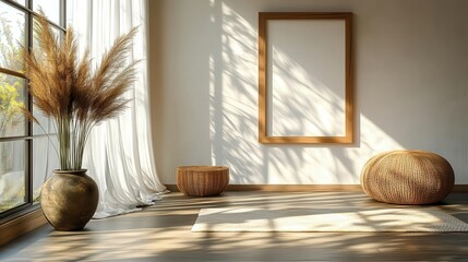 mockup featuring a wooden picture frame on a sleek table in a minimalist room accented by a decorative vase softly illuminated by natural light filtering through sheer curtains
