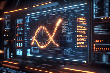 Futuristic Interface with Glowing DNA Helix on Monitor