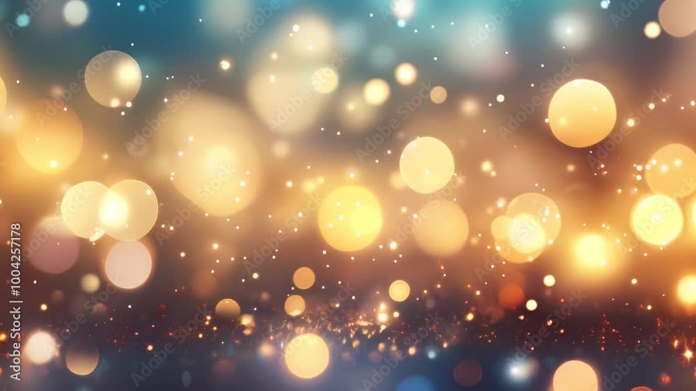 Poster glowing festive bokeh lights on gold and blue background, perfect for holiday projects. add sparkle 