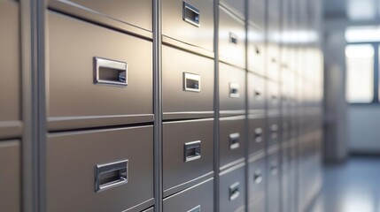 sleek metallic file cabinet, rows of labeled drawers, organized office aesthetic, subtle reflections, clean lines