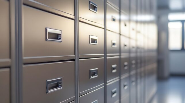 sleek metallic file cabinet, rows of labeled drawers, organized office aesthetic, subtle reflections, clean lines