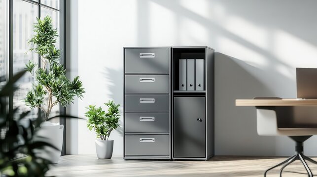 sleek metal file cabinet with labeled drawers for efficient document storage, 3d rendering