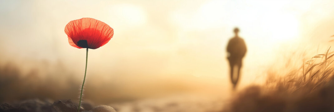 A solitary red poppy stands against a softly blurred background, with a faint soldier's silhouette in the distance, evoking peace, honor, and remembrance for Armistice Day.