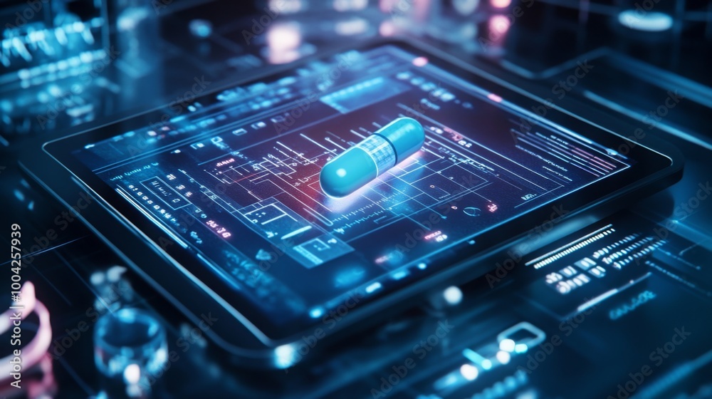 Poster a blue pill rests on a tablet screen, which is displaying a digital interface. the pill is illuminat