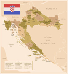 Obraz premium Croatia - detailed map of the country in brown colors, divided into regions. Vector illustration