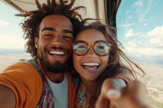A joyful couple enjoys a sunny day taking a selfie together, showcasing their vibrant smiles and fun personalities in a playful and carefree moment.