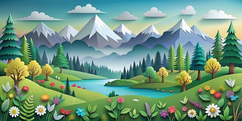 Paper cut landscape with forest, mountains, flowers, and plants