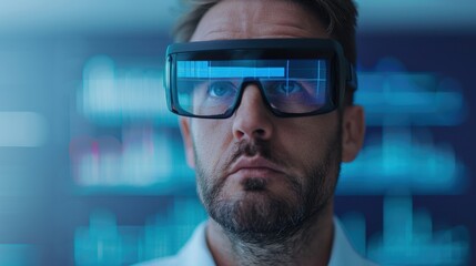 Close-up of a man using augmented reality glasses with digital data reflections, representing futuristic technology, AR innovation, and data interaction.