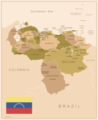 Obraz premium Venezuela - detailed map of the country in brown colors, divided into regions. Vector illustration
