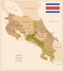 Obraz premium Costa Rica - detailed map of the country in brown colors, divided into regions. Vector illustration