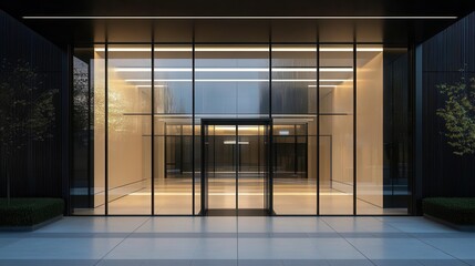 sleek, modern glass entrance with floor-to-ceiling windows. minimalist dark frames contrast against translucent panels. subtle lighting creates inviting atmosphere for contemporary building.