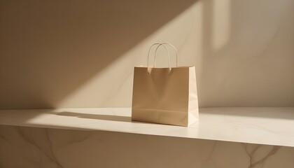 A paper shopping bag on a wooden surface , with soft lighting and shadows creating a minimalist, serene atmosphere