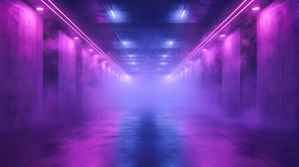 Neon Lights and Fog in a Dark Tunnel 3D Illustration