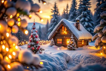 Cozy Winter Cabin with Holiday Decorations, Snowy Landscape and Warm Lights in a Serene Setting