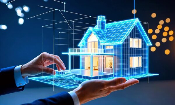 A 3D wireframe rendering of a home, blue glowing, in the hands of a person.