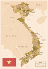 Vietnam - detailed map of the country in brown colors, divided into regions. Vector illustration