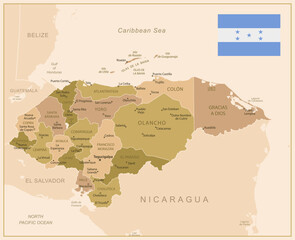 Obraz premium Honduras - detailed map of the country in brown colors, divided into regions. Vector illustration
