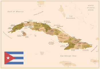 Fototapeta premium Cuba - detailed map of the country in brown colors, divided into regions. Vector illustration